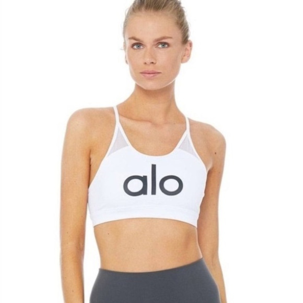 ALO Yoga Logo Sports Bra in M & White
